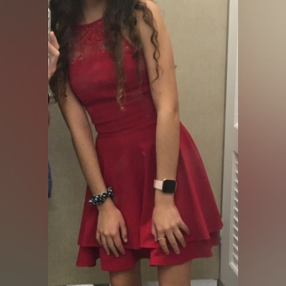 Red Juniors' Lace-Trim Scuba Fit & Flare Dress - Picture 4 of 4